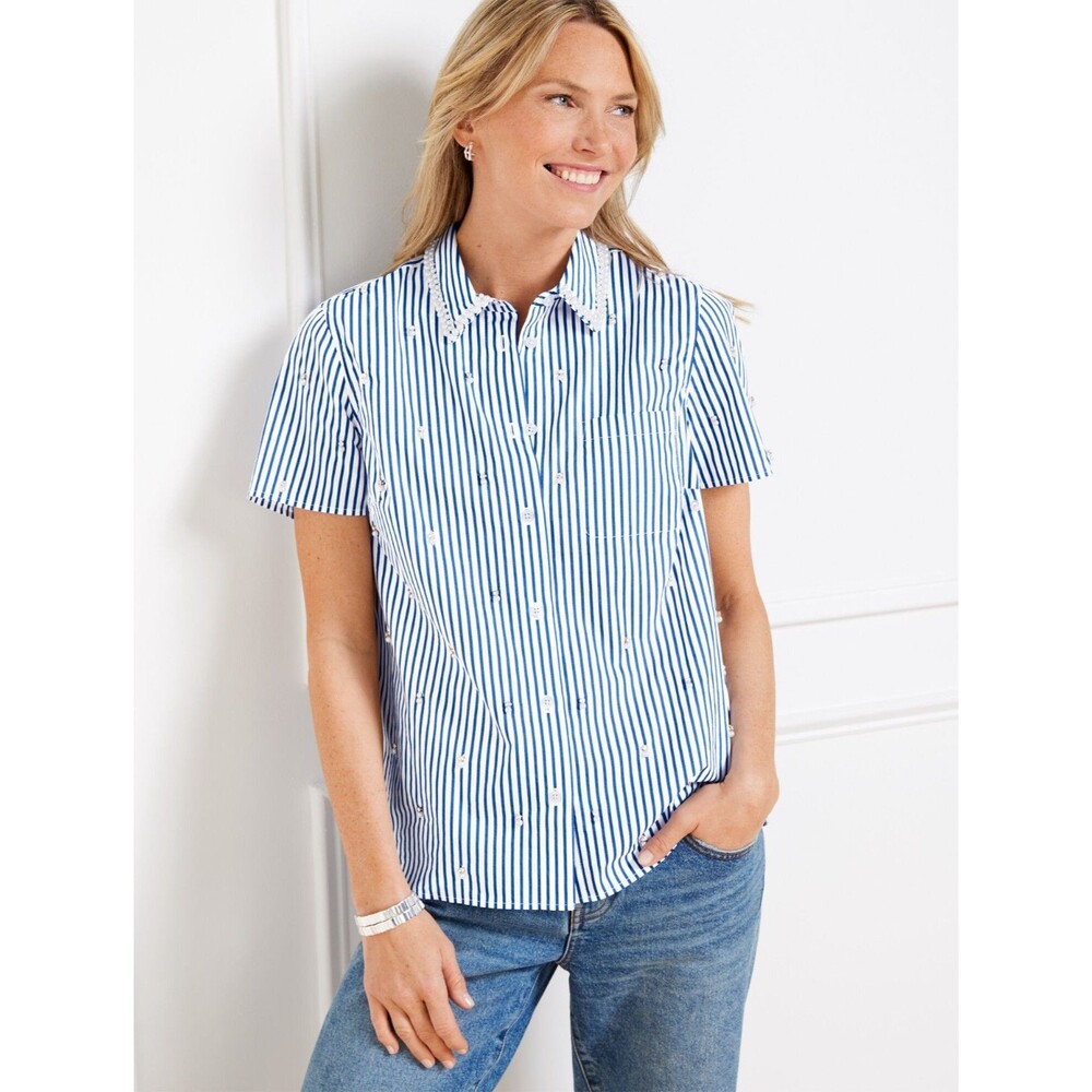 NEW Talbots EMBELLISHED SHORT SHIRT Blouse L White Blue DAFFODIL STRIPE Button
